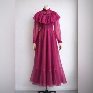 Rare Vintage 1970s Magenta Chiffon Long Sleeve Victorian Maxi Dress XS w/bustle